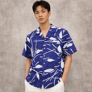 Vintage 80s Mark Raysten Malihini Blue Abstract Aloha Hawaiian Shirt Poly S